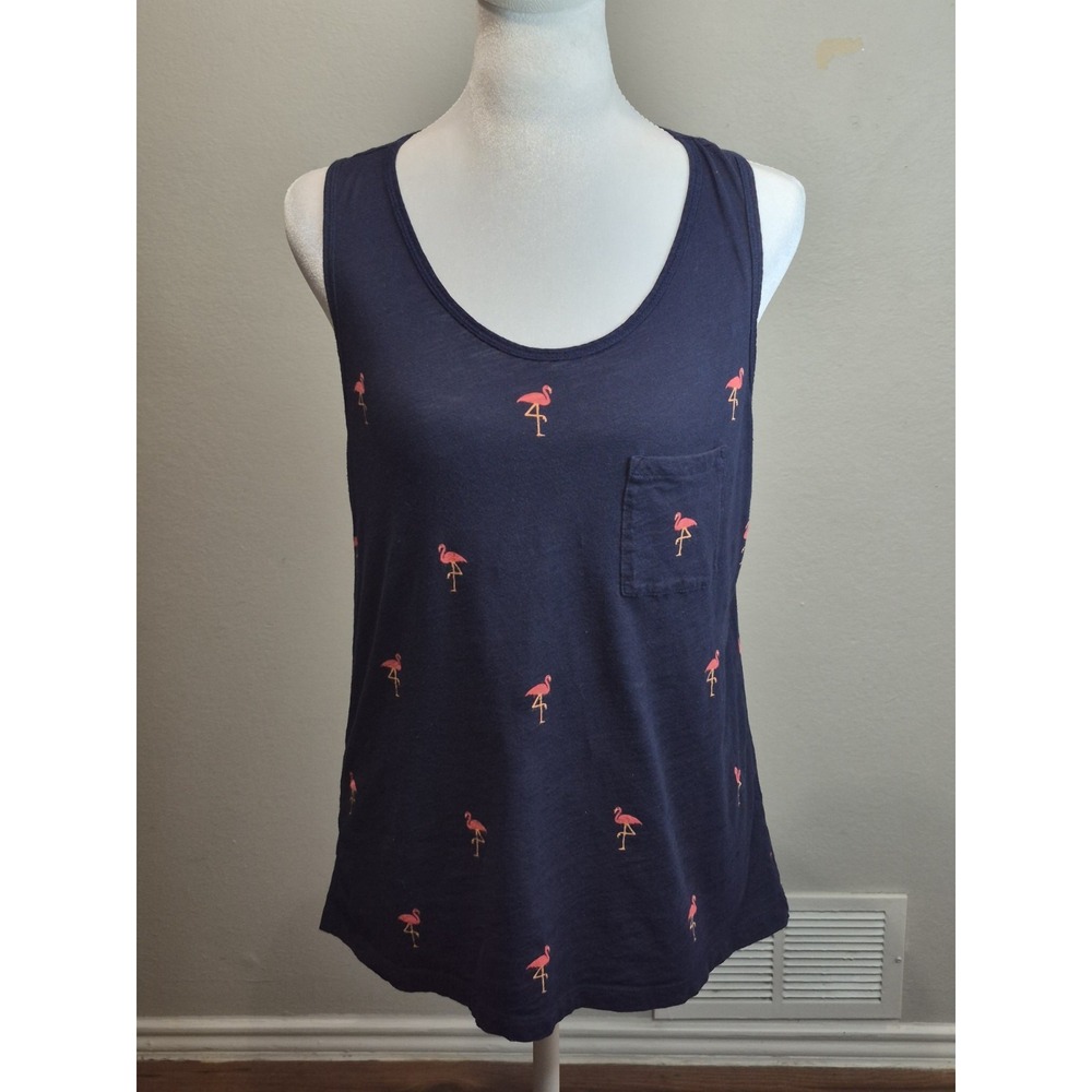 J.Crew WomenTank Top M Navy Pink Flamingo Print Pocket Coastal Preppy Sleeveless